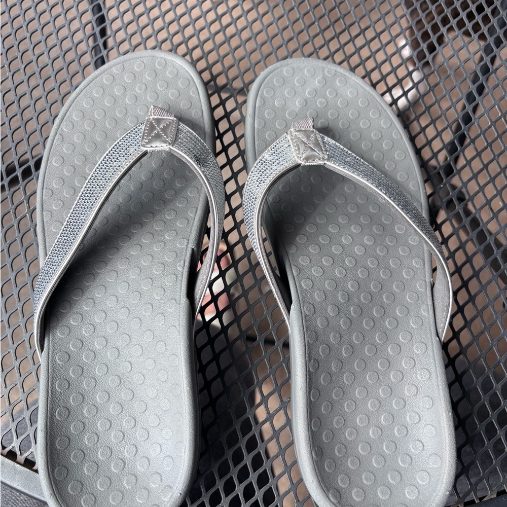 Vionic Gray Flip Flops with Silver Accents - Picture 3 of 5
